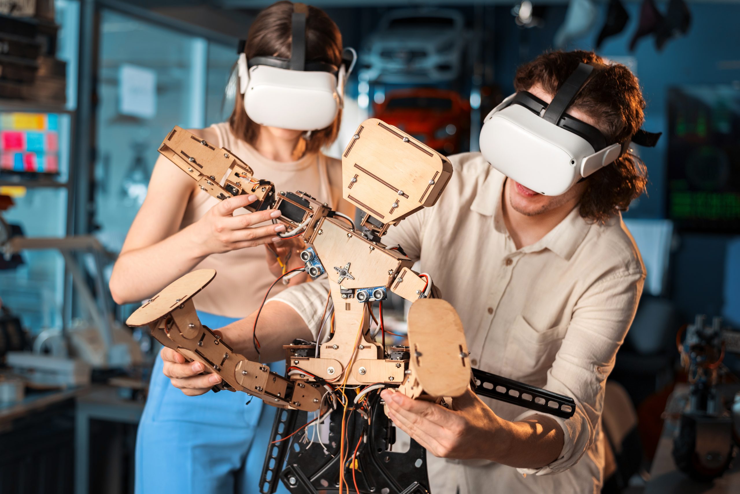 Dos alumnos manejan un robot con sus gafas de RV